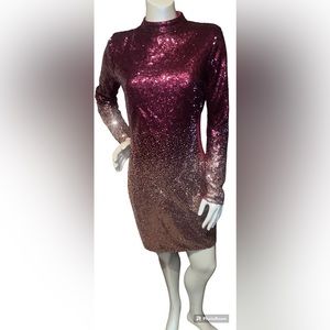 Fashion Nova Burgundy &Rose Gold Sequin Dress Sheer on Arm & Down Size Women XL